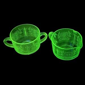 US Glass Paneled Aster Green Depression Vaseline Uranium Sugar & Creamer Set
